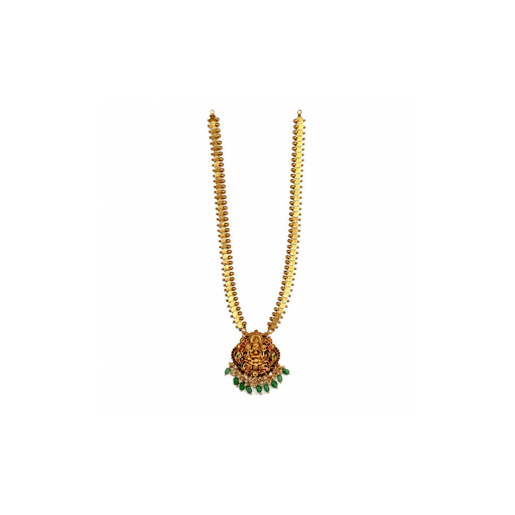 Lakshmi coin long necklace with green drops on white background