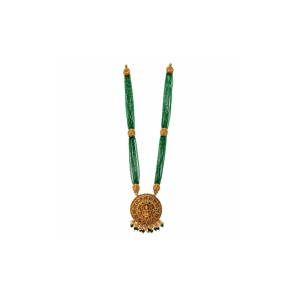 Emerald-green multi-strand Lakshmi long necklace on white