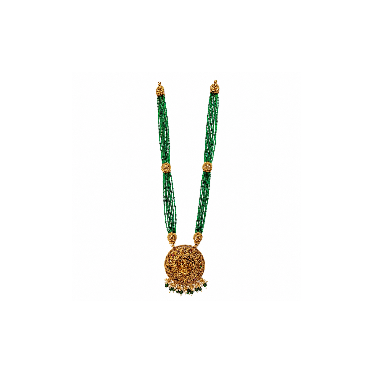 Emerald-green multi-strand Lakshmi long necklace on white