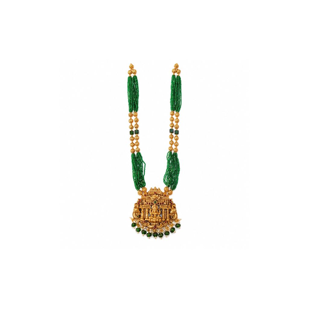 Emerald-green long necklace with Lakshmi temple pendant on white