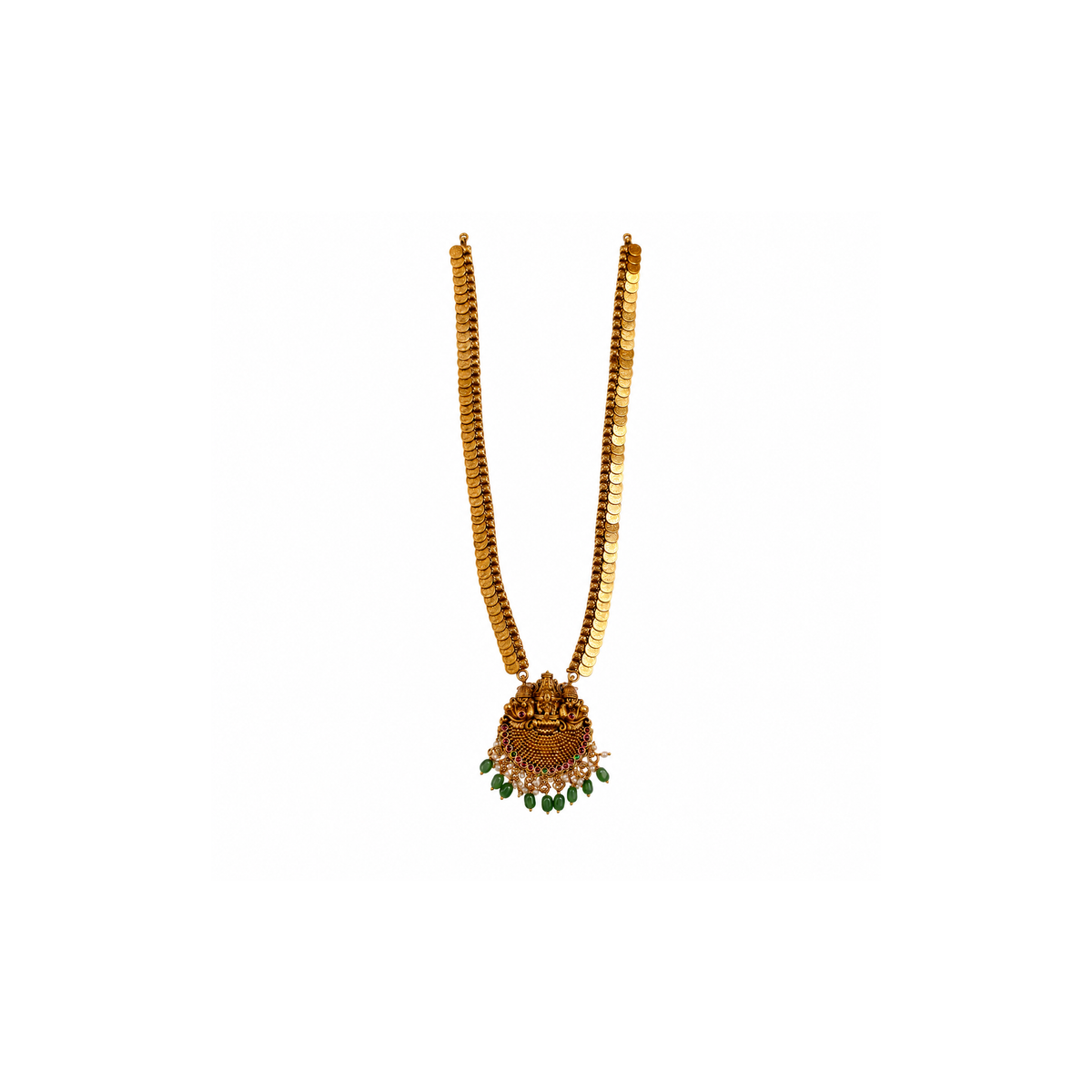 Full Lakshmi coin long necklace with green bead fringe on white