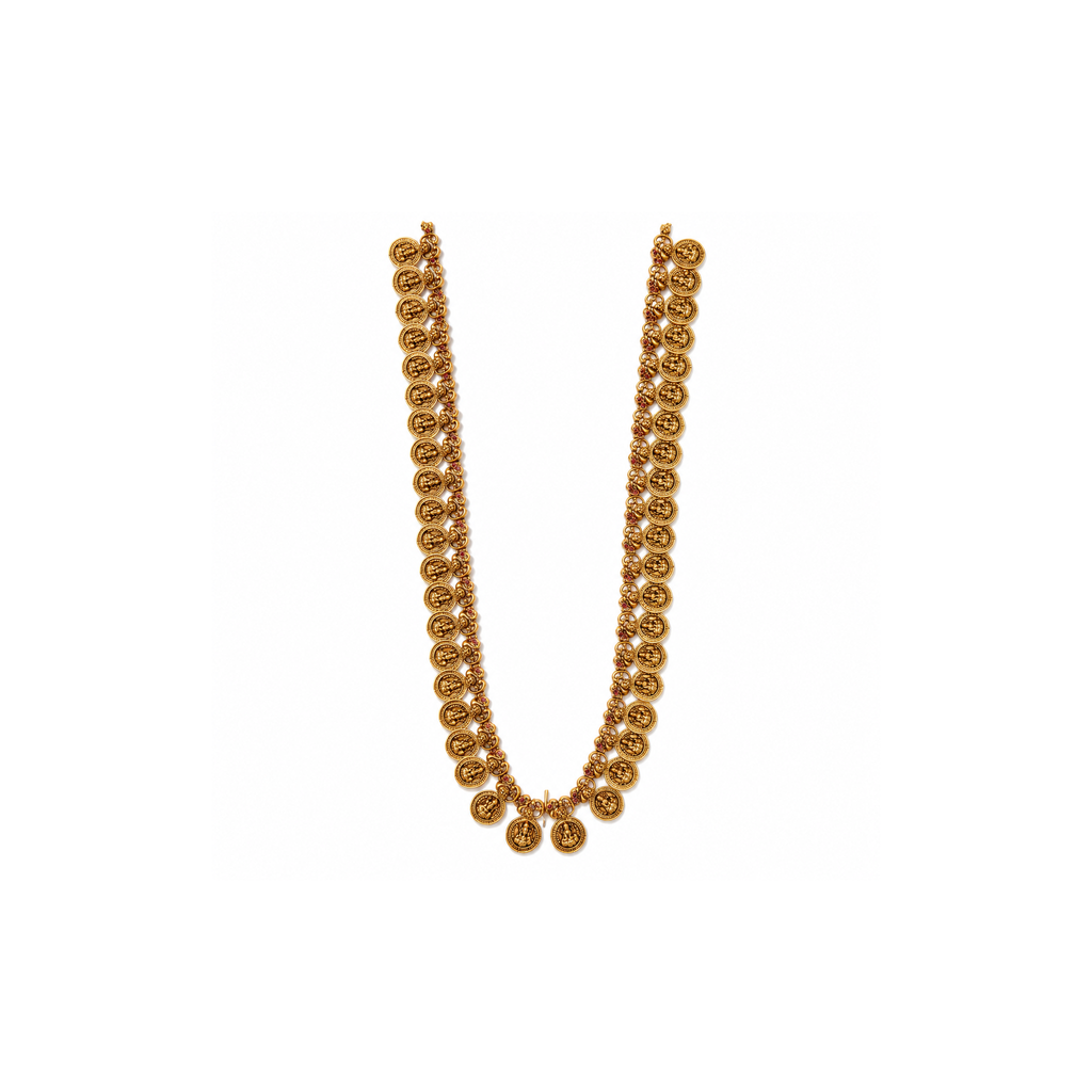 Full antique gold-tone long necklace with Lakshmi-style coins, peacock links and ruby-pink accents on white