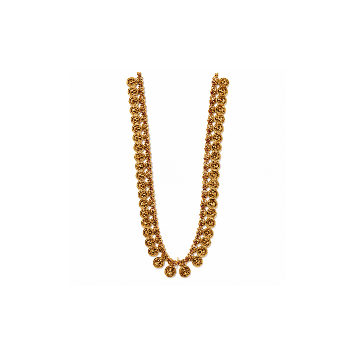 Full antique gold-tone long necklace with Lakshmi-style coins, peacock links and ruby-pink accents on white