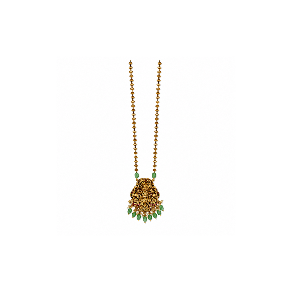 Antique gold-tone Lakshmi elephant long necklace with green bead fringe