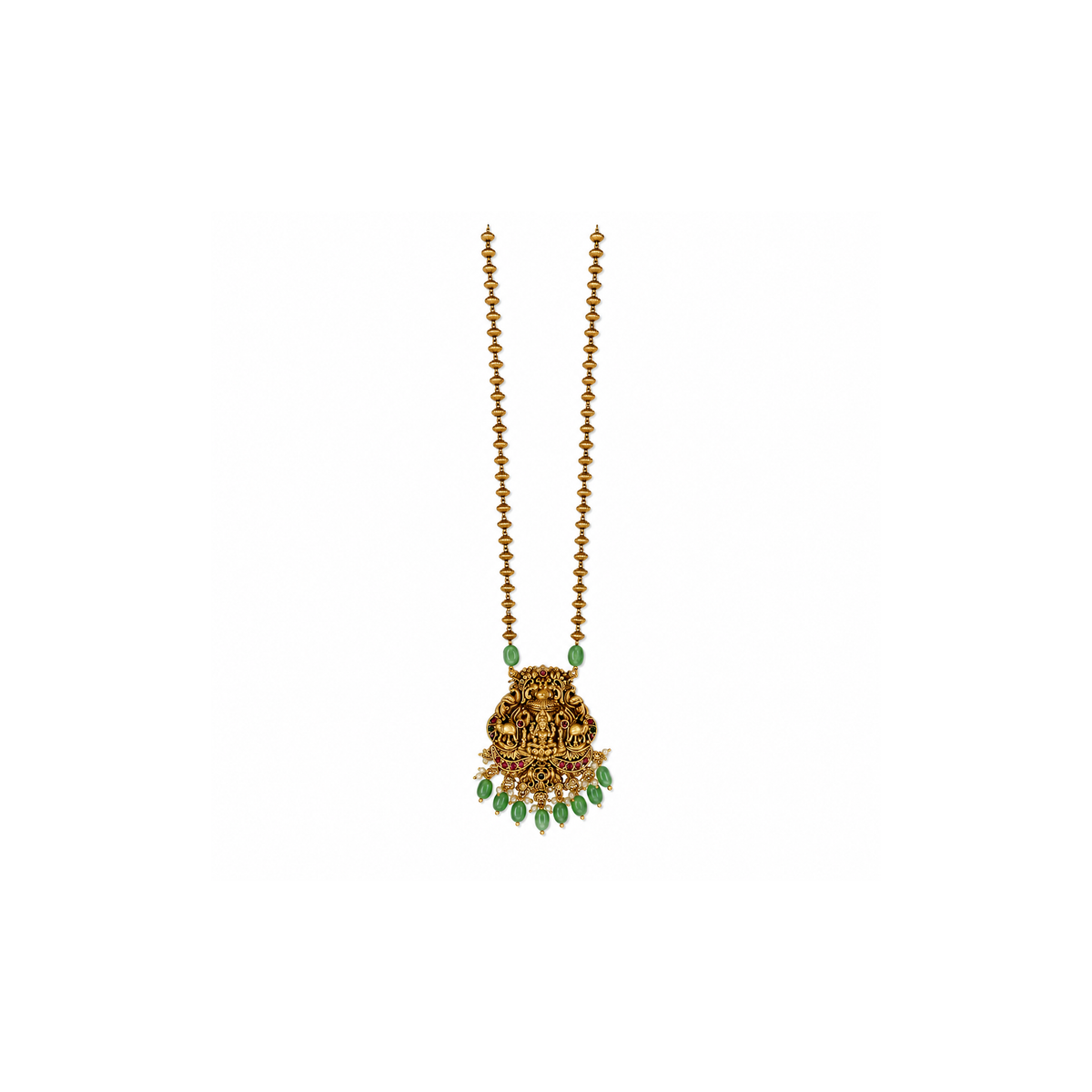 Antique gold-tone Lakshmi elephant long necklace with green bead fringe