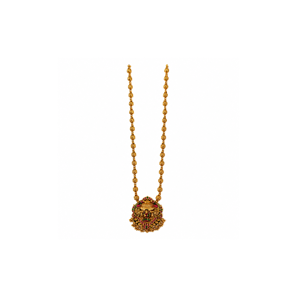 Full antique gold-tone Lakshmi temple long necklace with pink and green accents