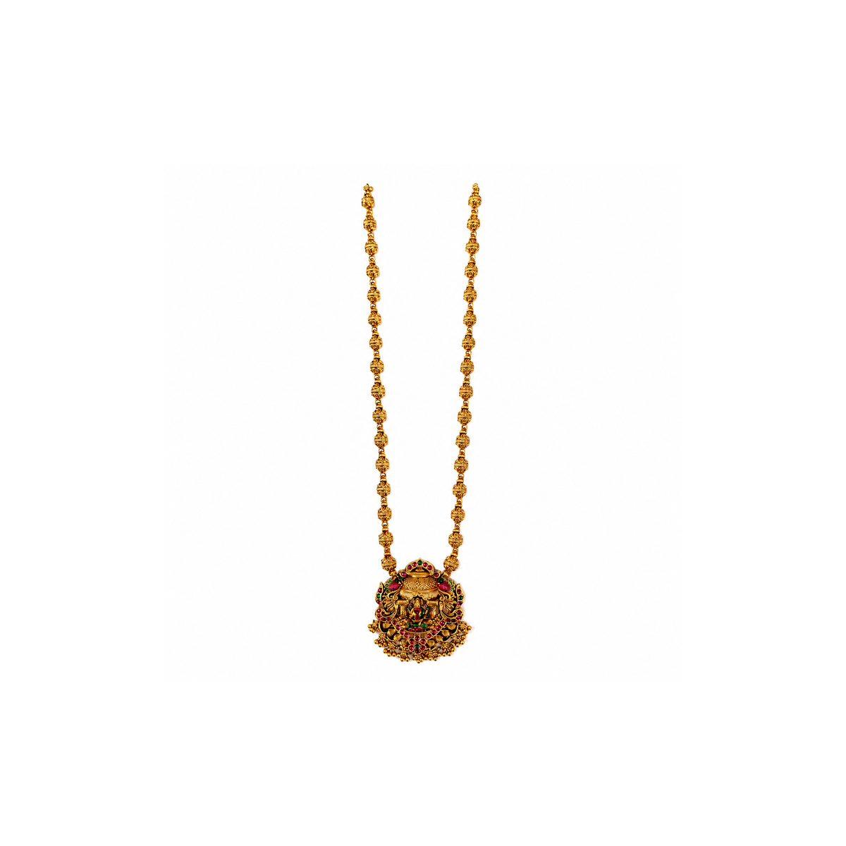 Full antique gold-tone Lakshmi temple long necklace with pink and green accents