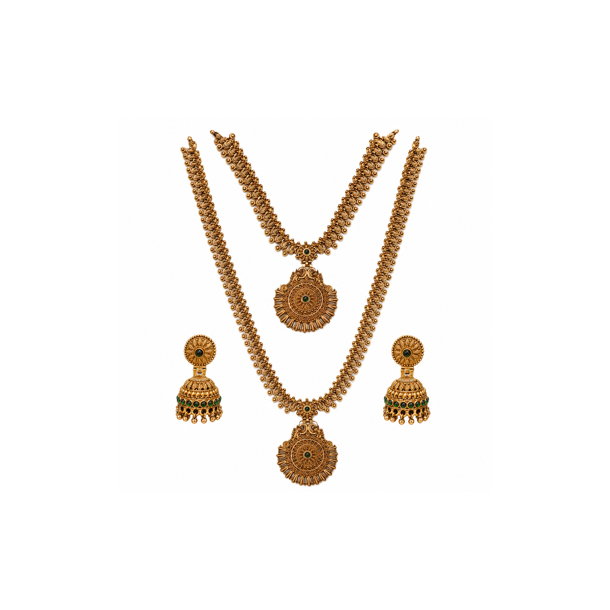 Layered antique gold-tone set with short and long peacock pendant necklaces and green jhumka earrings