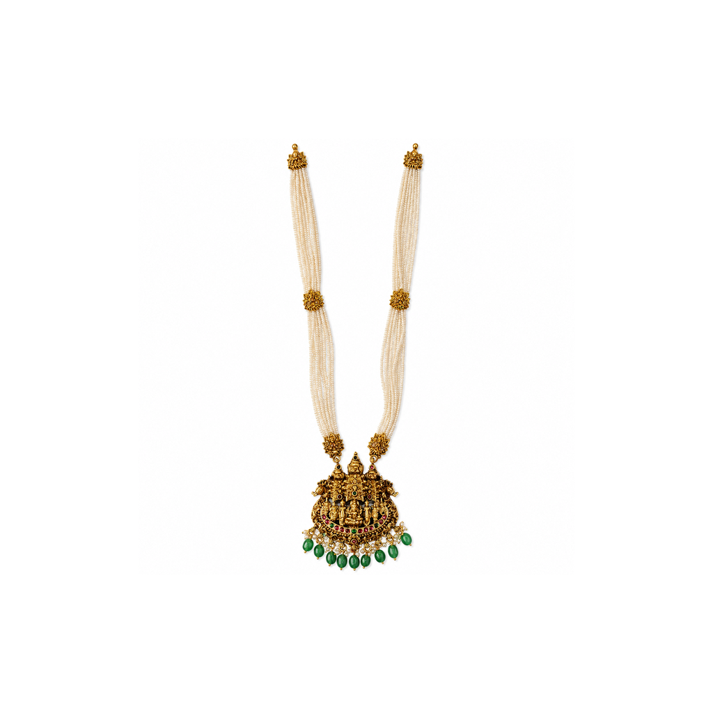 Long pearl-style temple necklace with deity pendant and green drops on white