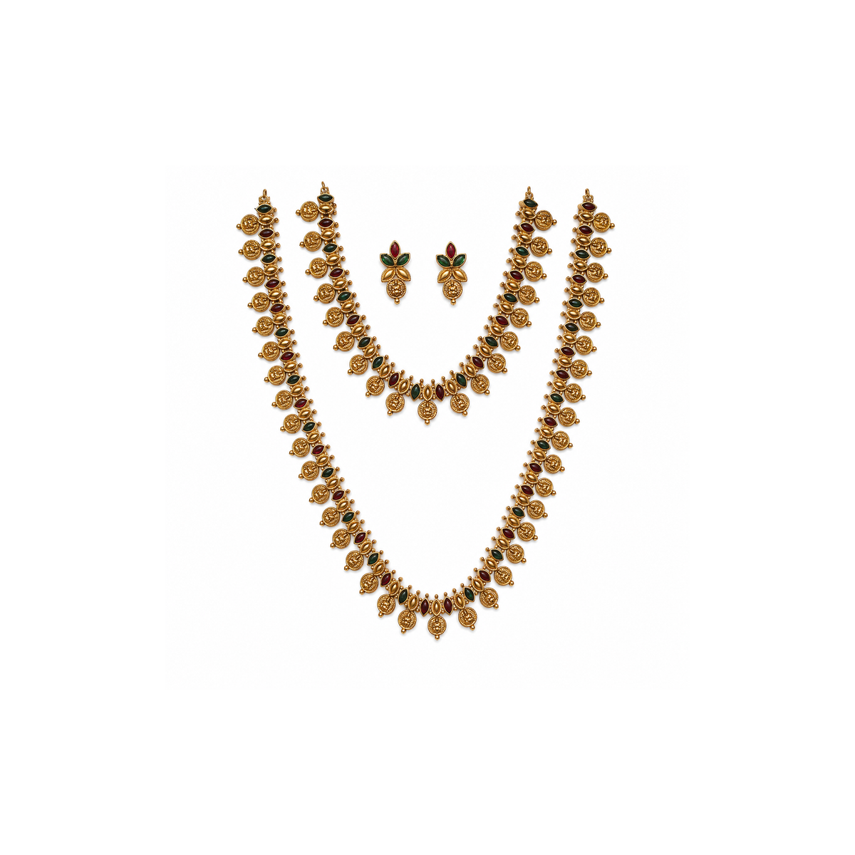 Layered gold-tone coin motif necklace set with short and long necklaces and matching earrings