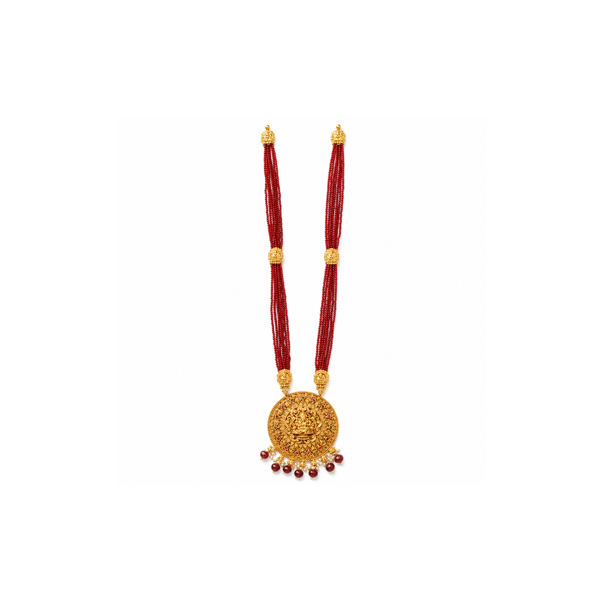 Red multi-strand necklace with circular antique gold-tone deity pendant