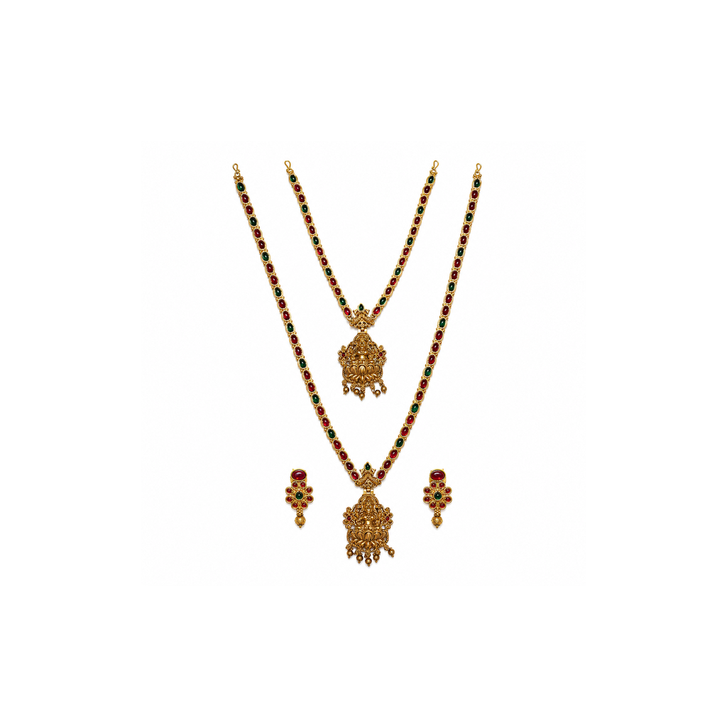 Ruby and emerald Lakshmi double necklace set with matching earrings on white