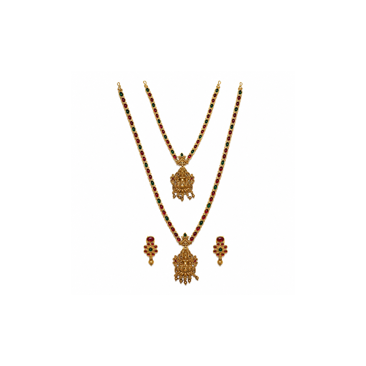 Ruby and emerald Lakshmi double necklace set with matching earrings on white