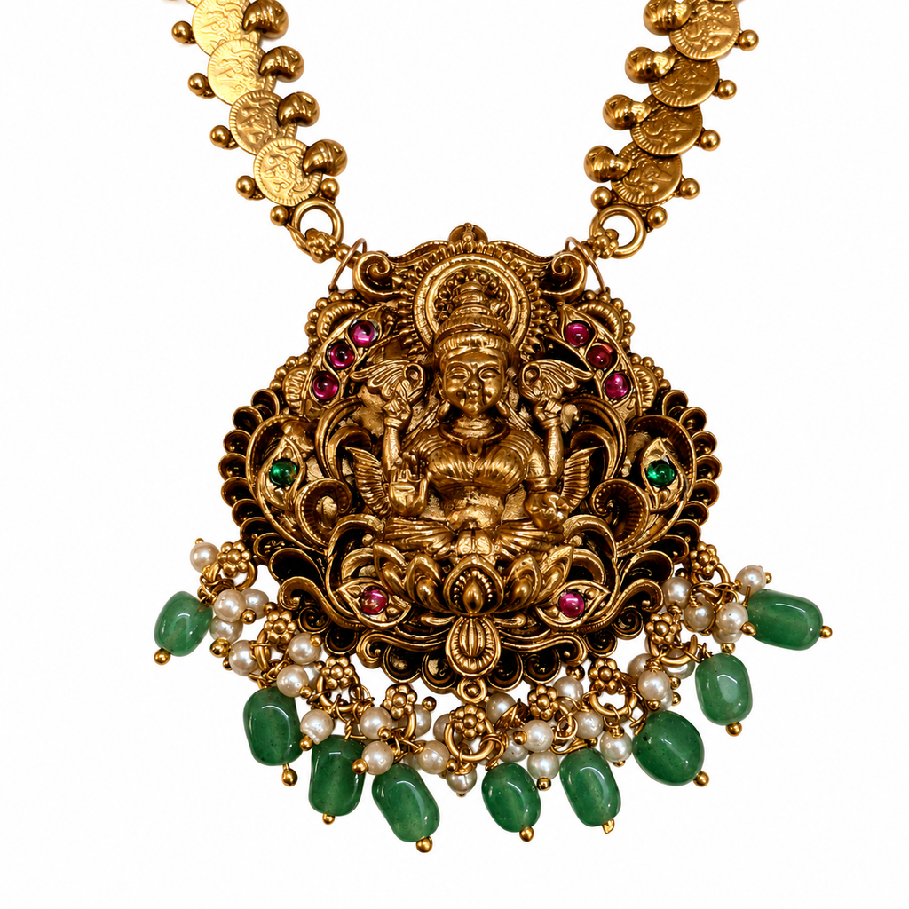 Lakshmi-style pendant with pink stones and green bead fringe