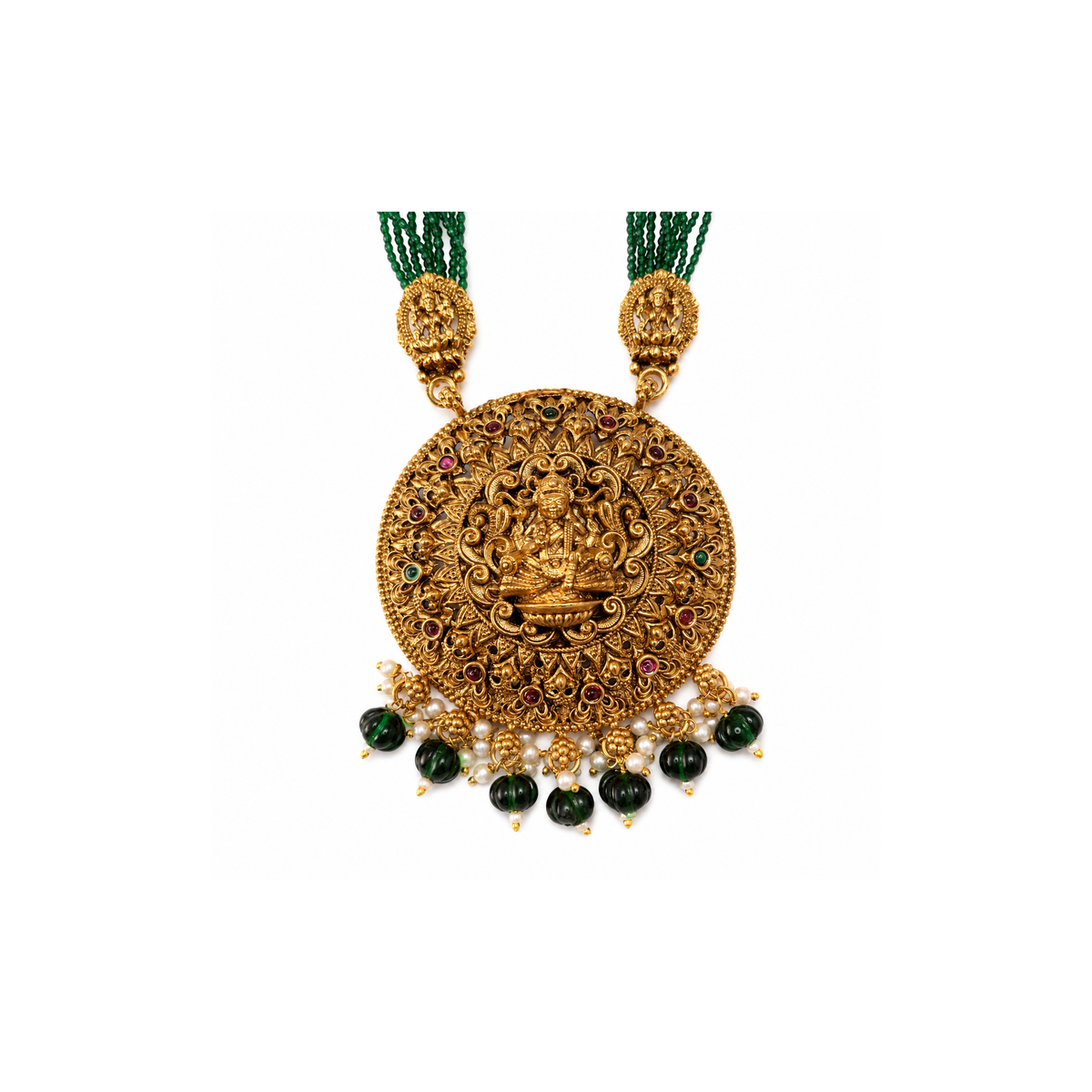 Antique gold-tone Lakshmi pendant with green and pearl-style fringe