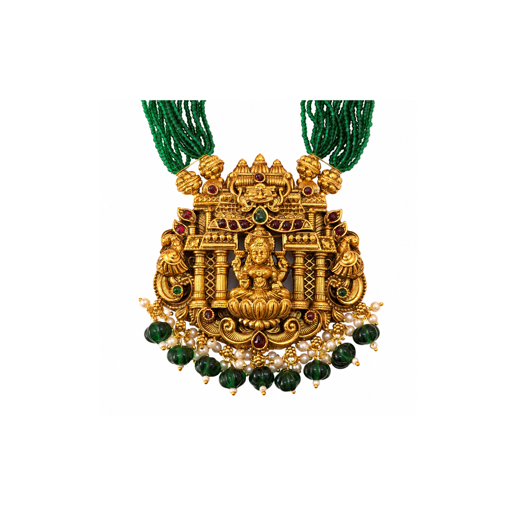 Lakshmi temple pendant with red green and pearl-style accents
