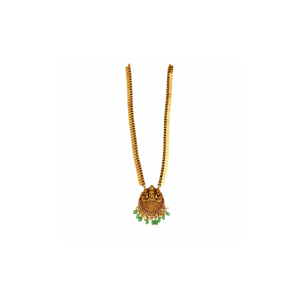 Antique gold-tone Lakshmi coin necklace set shown frontally on white