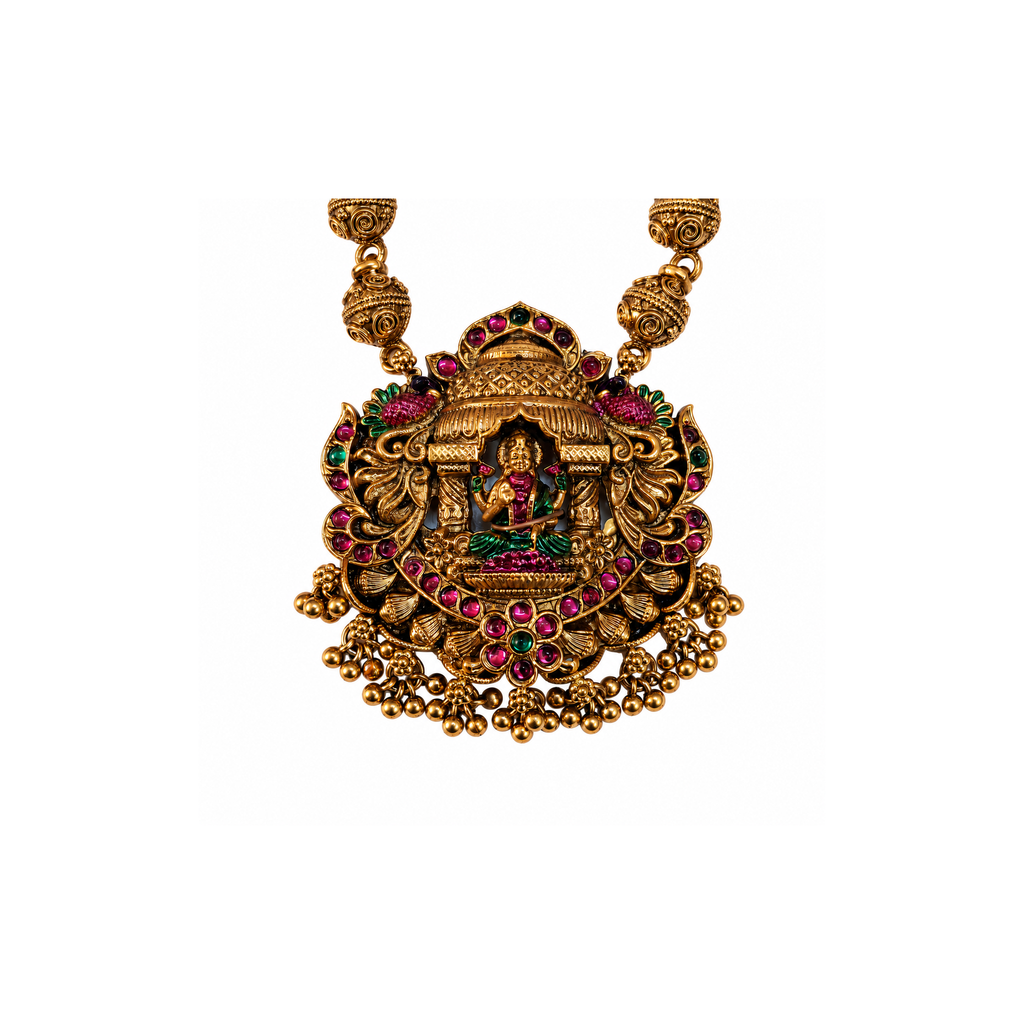 Lakshmi temple pendant close-up with peacock motifs and pink-green accents