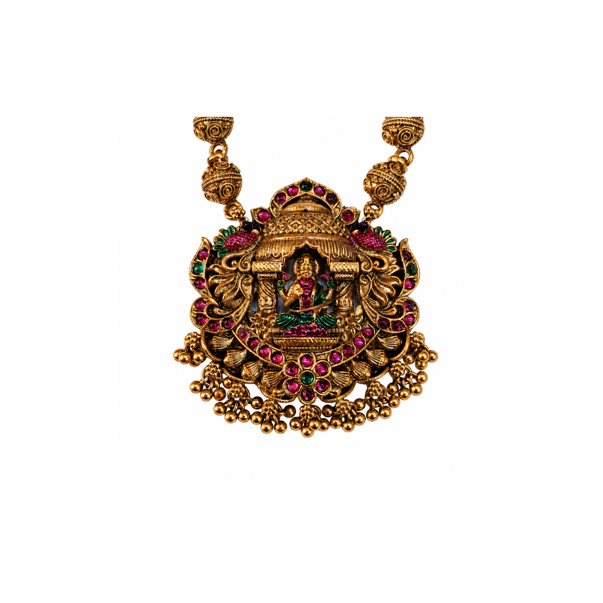 Lakshmi temple pendant close-up with peacock motifs and pink-green accents