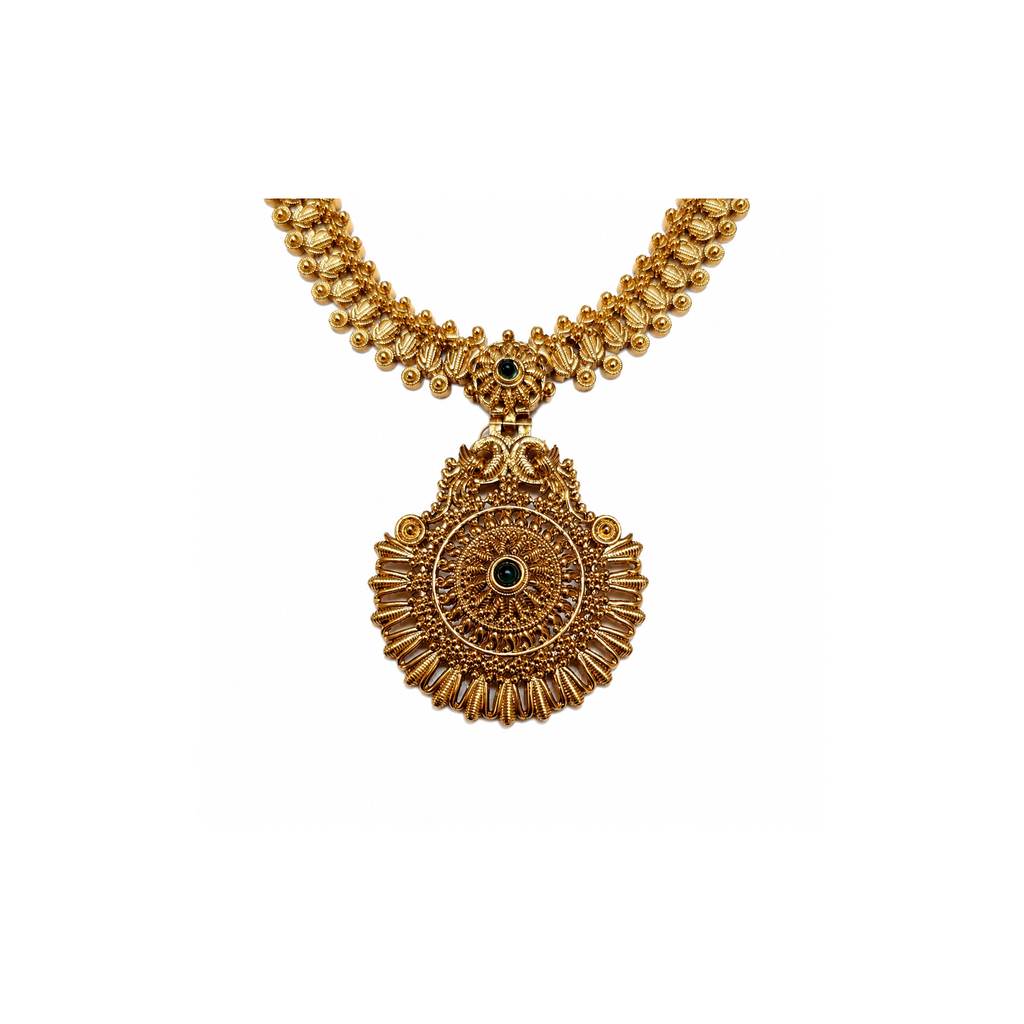 Circular antique gold-tone peacock pendant with dark-green centre stone and sunburst detailing
