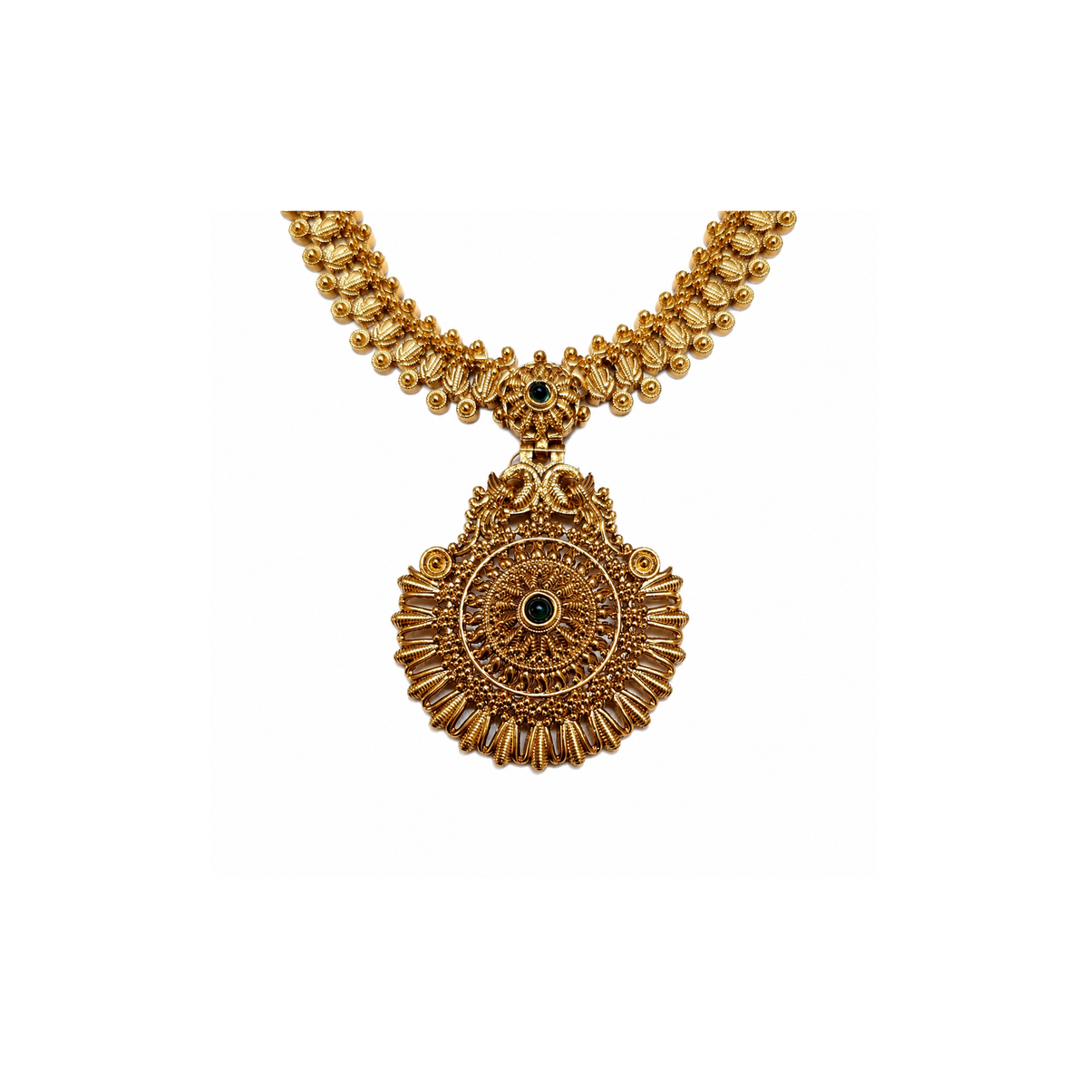 Circular antique gold-tone peacock pendant with dark-green centre stone and sunburst detailing