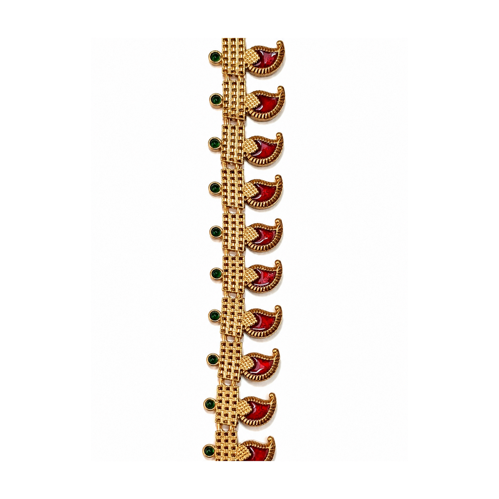Close detail of red mango motifs, green accents and rectangular lattice necklace chain on white