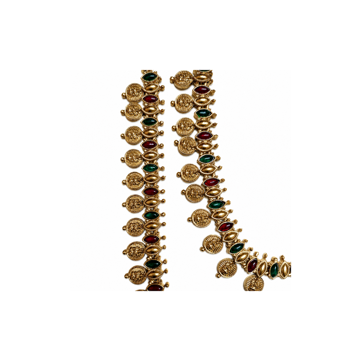Close detail of embossed coin dangles with red and green marquise accents
