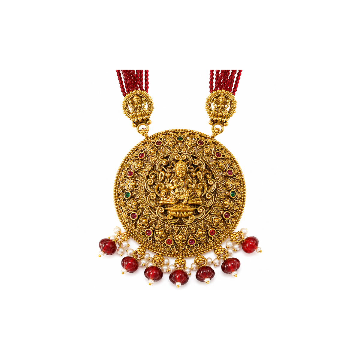 Circular deity pendant with red green and pearl-style accents