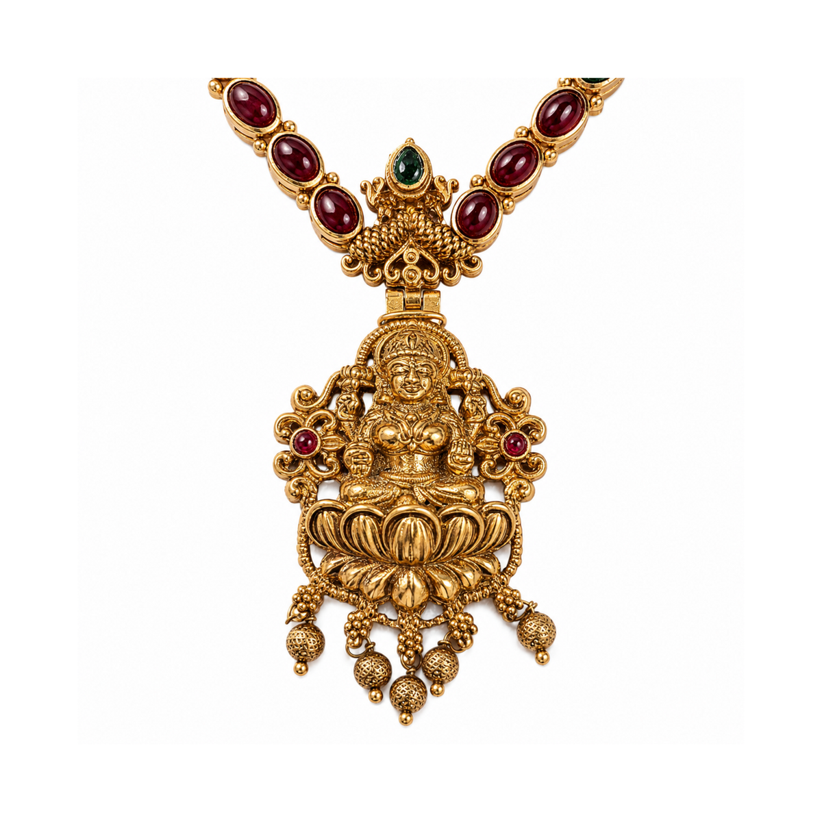Antique gold-tone Lakshmi-style lotus pendant with ruby and emerald details