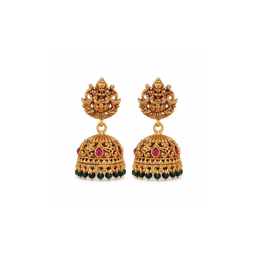 Pair of matching deity-top jhumka earrings with green drops