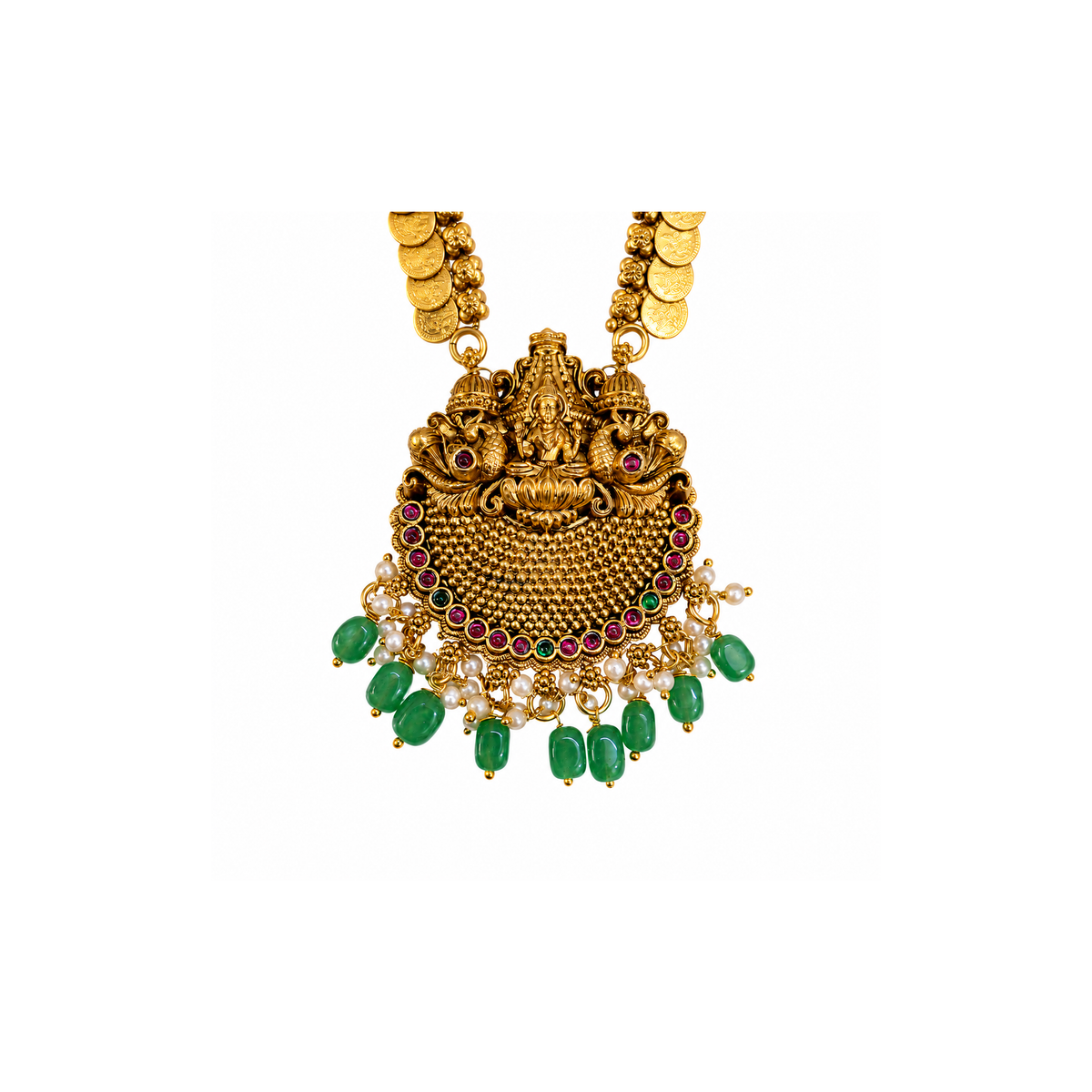Lakshmi temple pendant with peacocks, pink stones and green beads