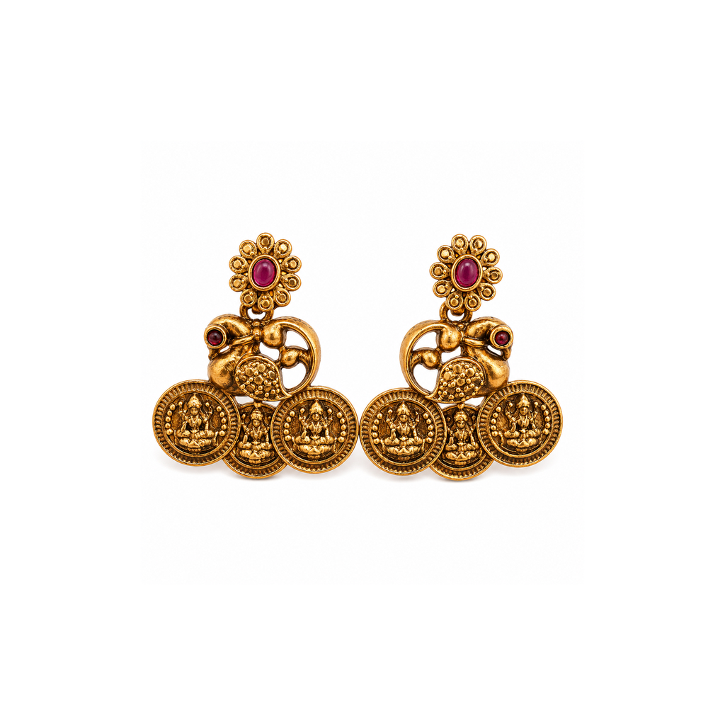 Pair of antique gold-tone peacock earrings with ruby-pink floral studs and three deity-coin drops