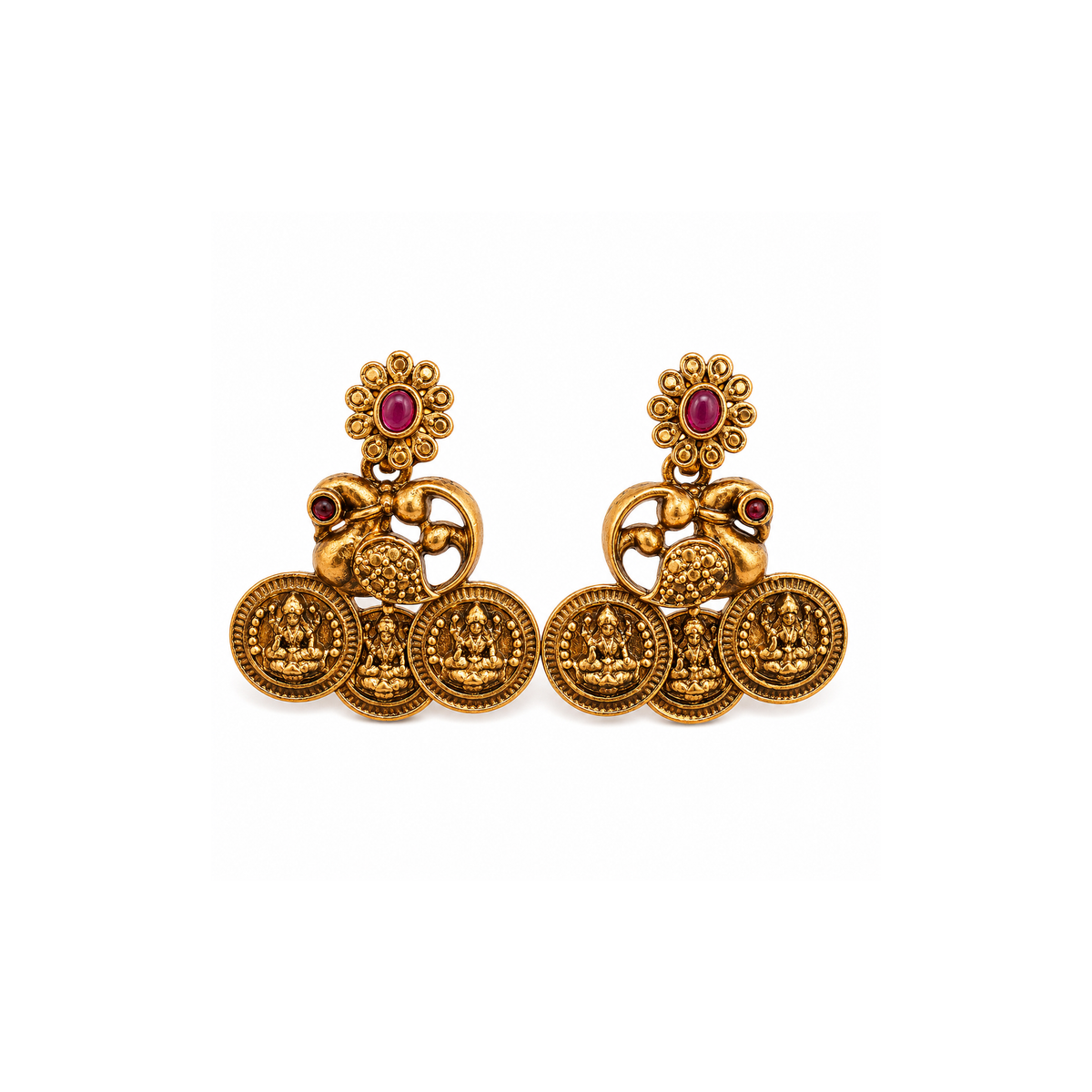 Pair of antique gold-tone peacock earrings with ruby-pink floral studs and three deity-coin drops