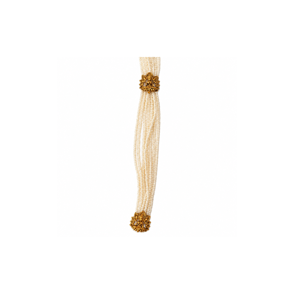 Ivory pearl-style necklace strands with gold-tone deity connectors