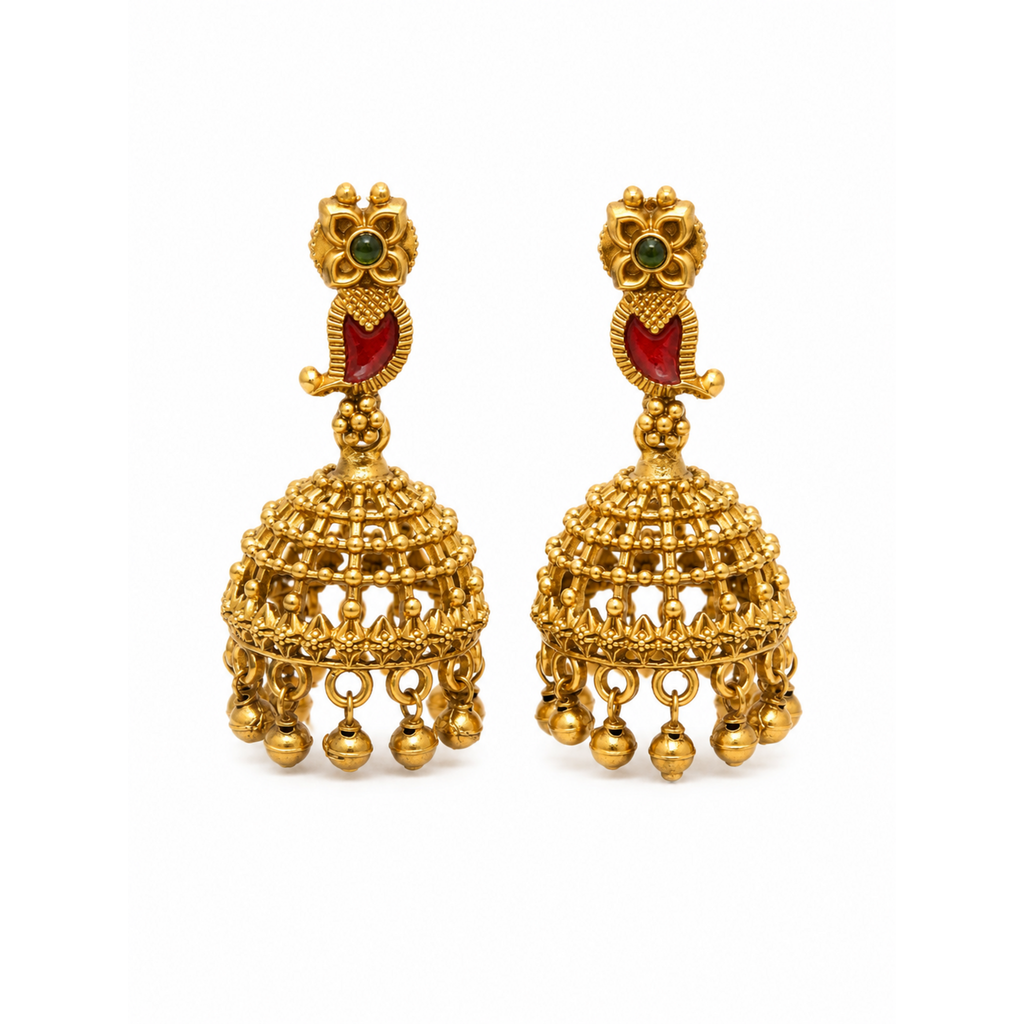 Pair of gold-tone jhumka earrings with red mango links and green floral studs on white