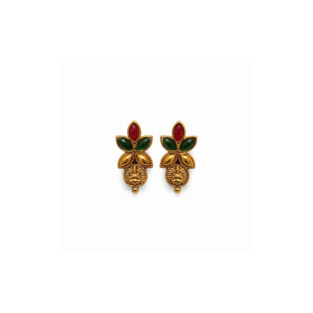Tiny matching red and green coin motif earrings on a white background