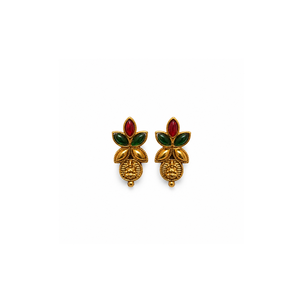 Tiny matching red and green coin motif earrings on a white background