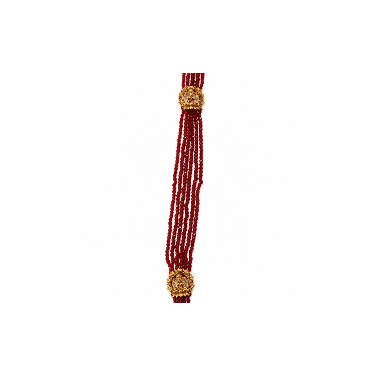 Faceted deep-red bead strands with antique gold-tone deity connectors