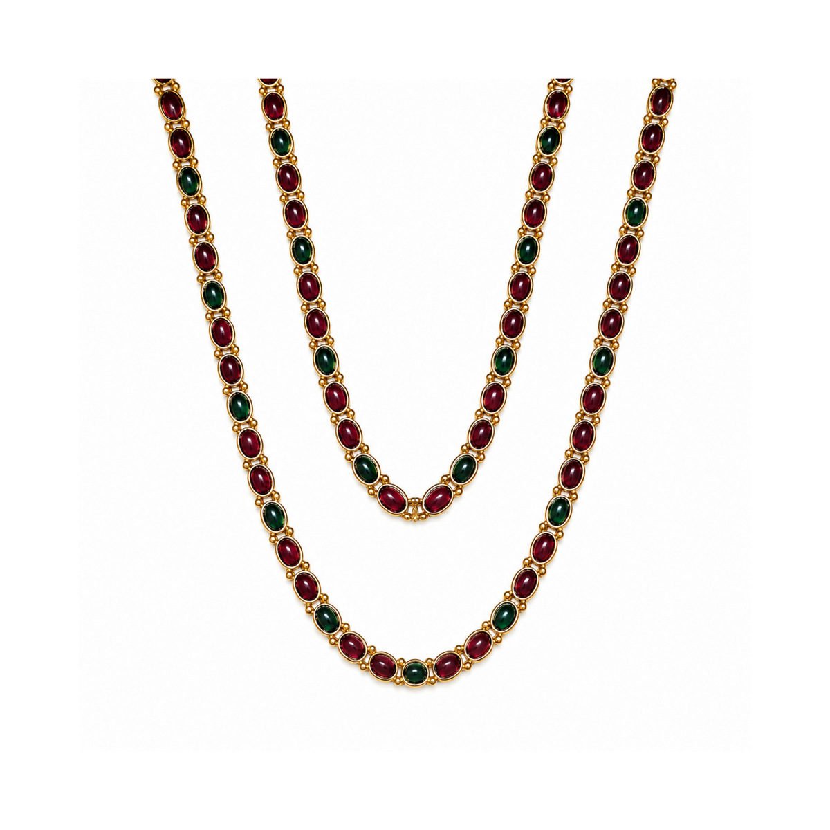 Ruby-red and emerald-green oval stone necklace links on white