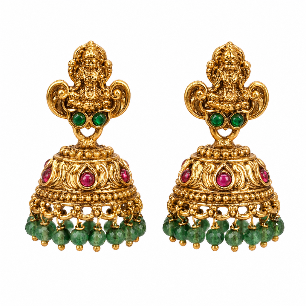 Matching deity-top jhumka earrings with green bead fringe