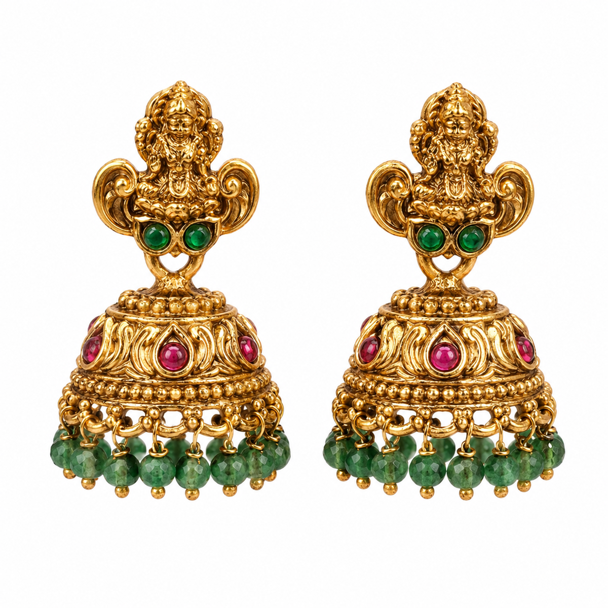 Matching deity-top jhumka earrings with green bead fringe
