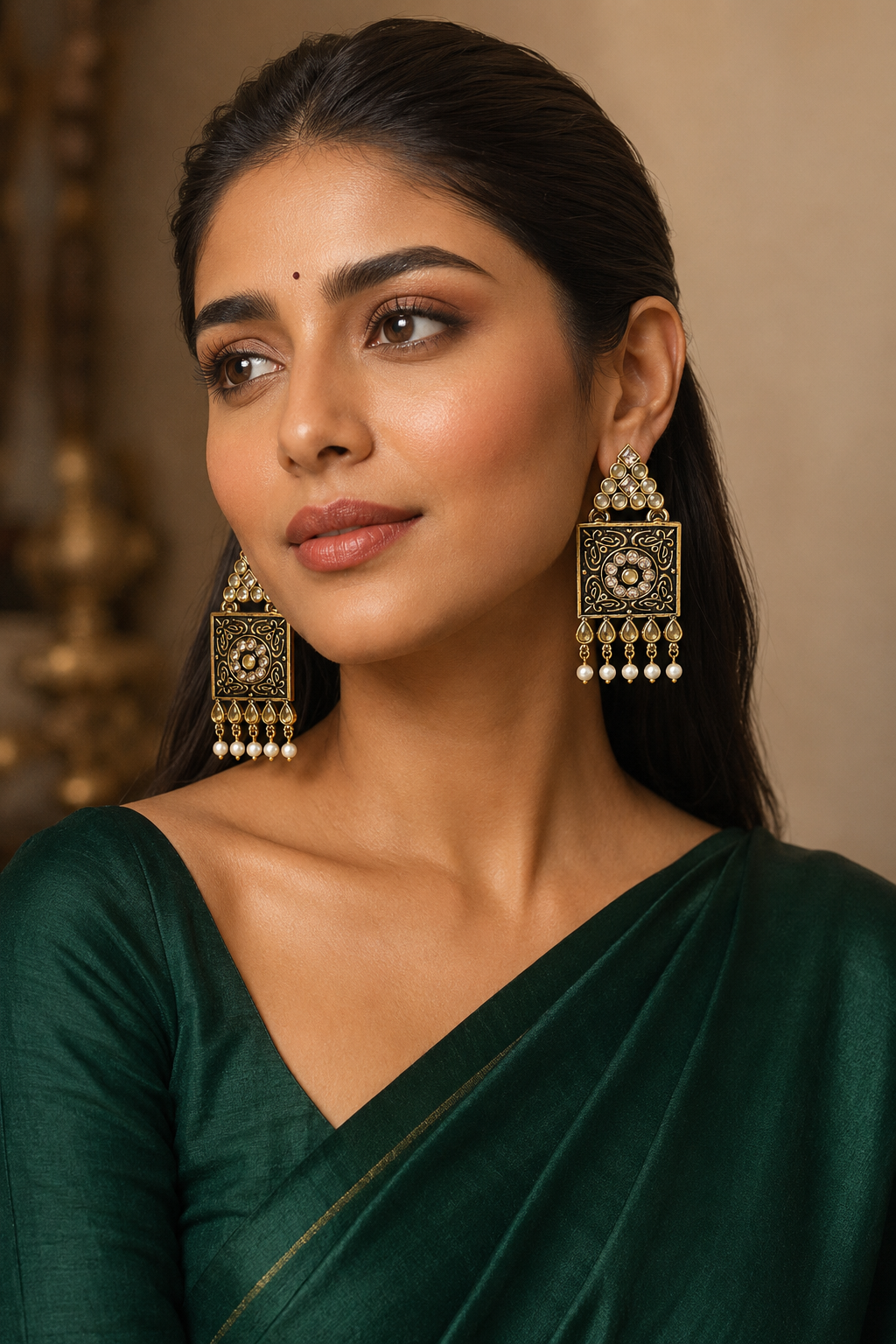 Antique-gold square pearl-style drop earrings worn with green silk