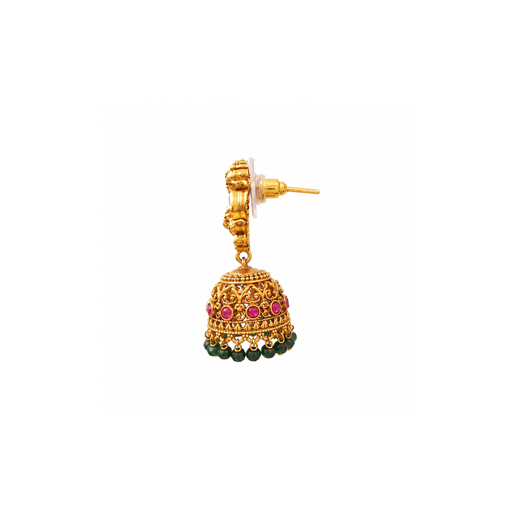 Side profile of antique gold-tone jhumka earring and post fitting