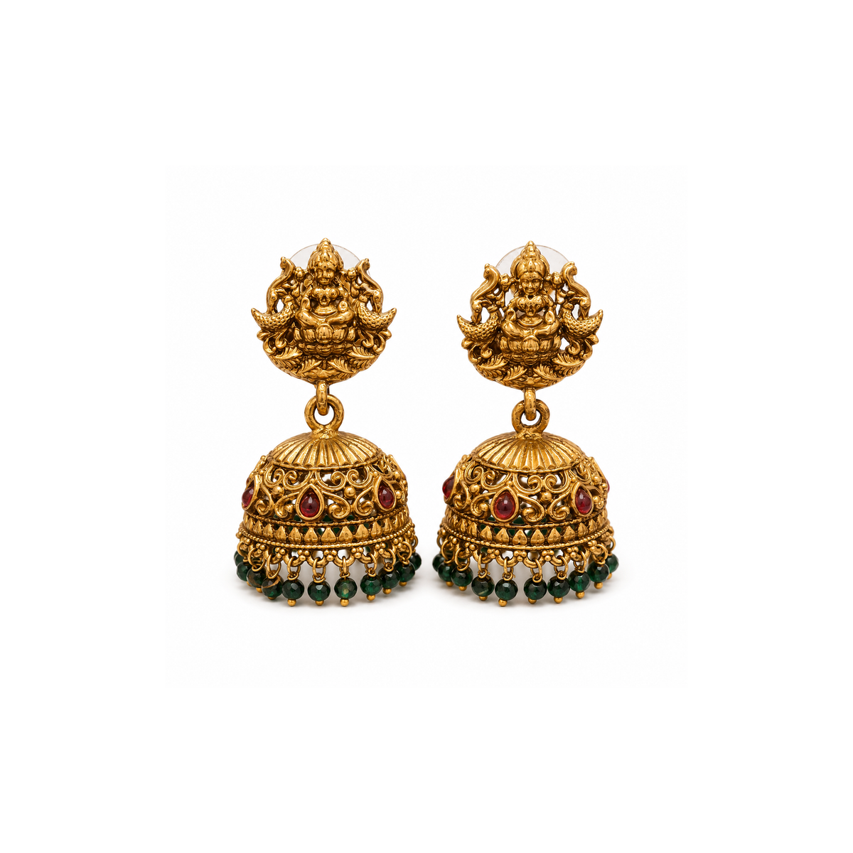 Pair of Lakshmi motif dome jhumka earrings on white