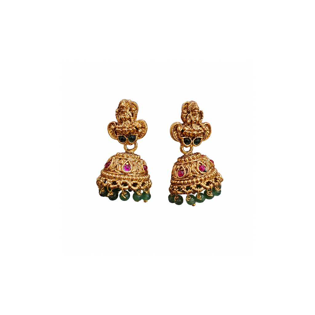 Pair of matching goddess-motif jhumka earrings with green bead fringe
