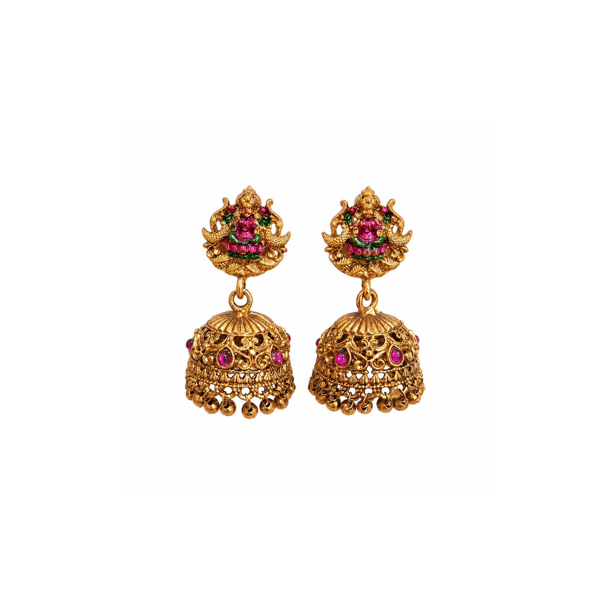 Pair of matching Lakshmi-style jhumka earrings with pink and green details