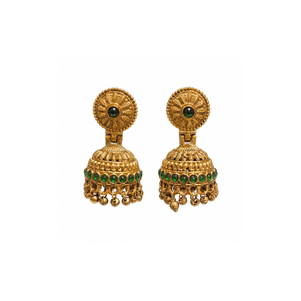 Pair of antique gold-tone dome jhumka earrings with green stone accents and dangling beads
