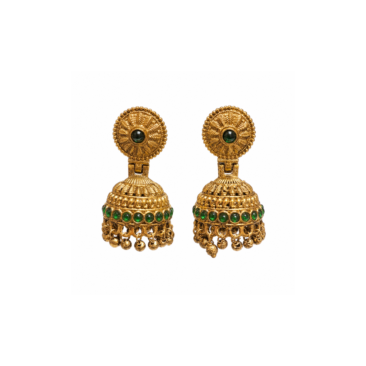 Pair of antique gold-tone dome jhumka earrings with green stone accents and dangling beads