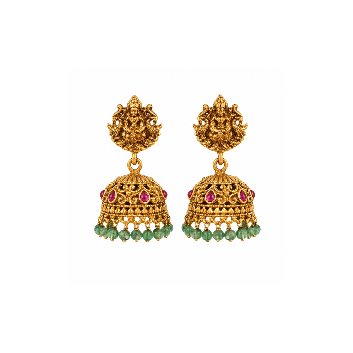 Pair of gold-tone temple jhumka earrings with pink accents and green fringe