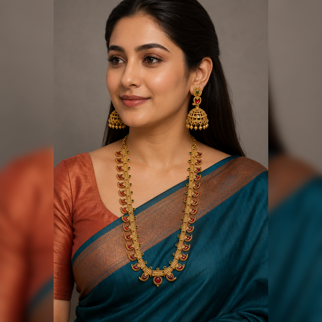 Neck and ear detail of model in teal saree wearing long red and green mango motif necklace set